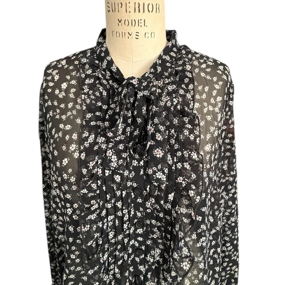 Express Black White Floral Blouse Ruffle Front Sheer Tie Neckline Office Size M - Picture 4 of 11